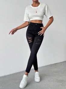 RueChic BLACK DESTROYED SKINNY HIGH WAIST JEANS