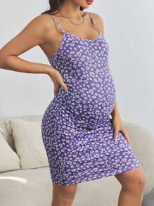 SHEIN 2pcs Maternity Casual Commuter Spring/Fall Set, Button Cardigan & Ditsy Floral Bodycon Dress - Purple - View 3