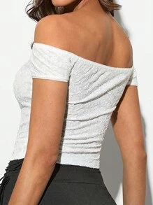 Forever 21 Áo Jacquard lệch vai màu trơn thường ngày mùa hè trang bị đi chơi hàng đầu - trắng - Xem 5