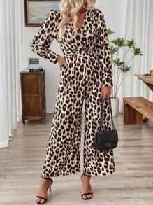 SHEIN Clasi Damski swobodny kombinezon z nadrukiem w panterkę, wiązany w talii, długi rękaw - Kolor khaki - Zobacz 6