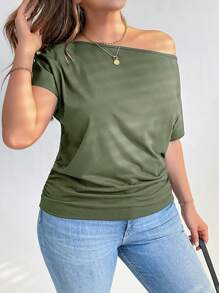 Shapeblank Blusas holgadas y cómodas de cuello de barco verde para mujer talla grande, blusas de verano lindas, blusas para salir, blusas para maestras, blusas curvy, blusas para regreso a clases, blusas para el aeropuerto, blusas de mujer, blusas de manga corta - Verde militar - Ver 1