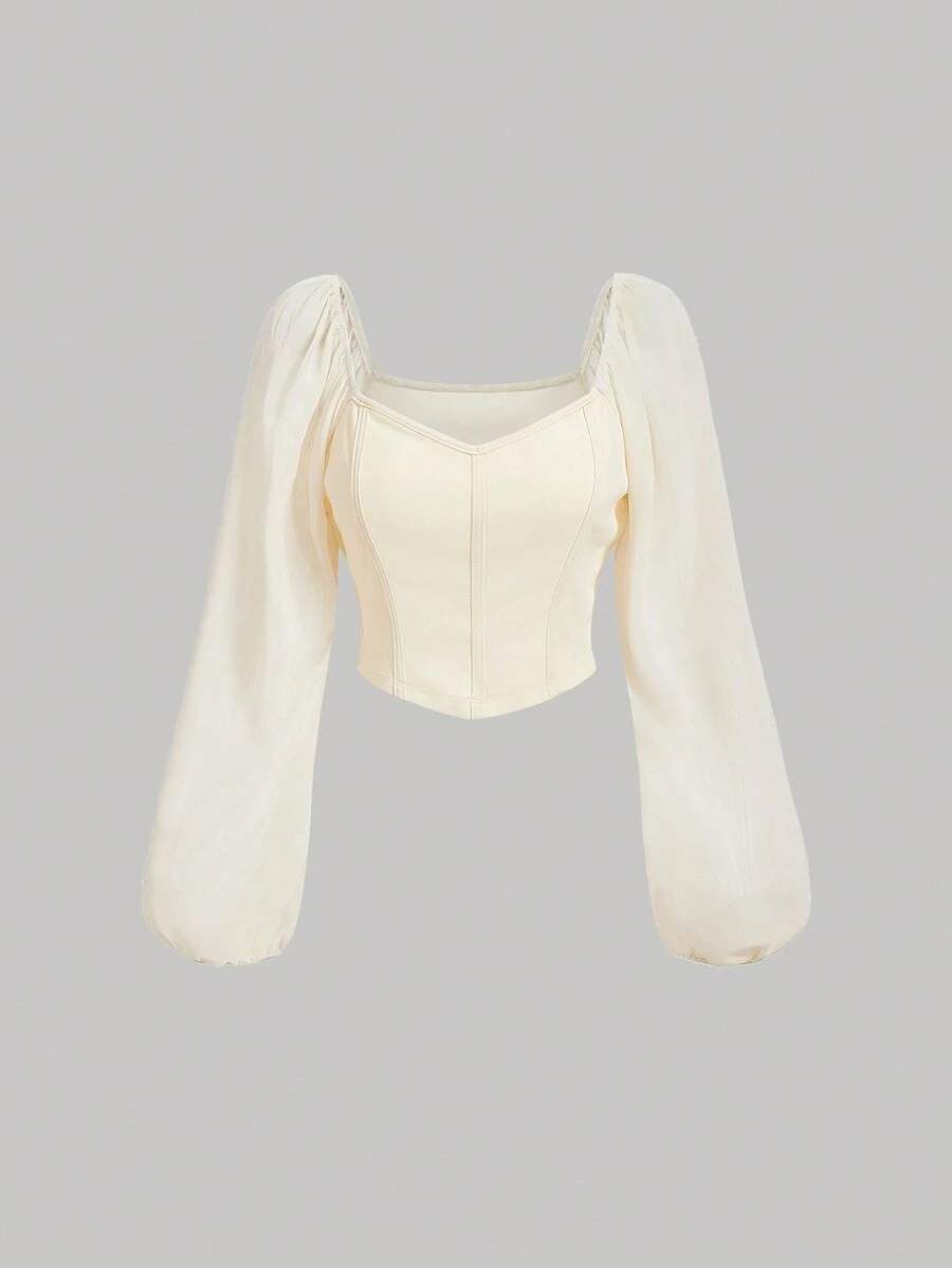 SHEIN MOD 心形领灯笼袖短款衬衫，透明 - 杏色 - 查看 1