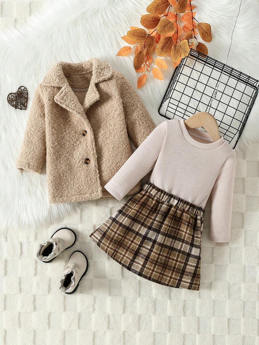Bộ 3 món áo sơ mi + chân váy kẻ caro + áo khoác bông cho bé gái mùa thu - Màu Khaki - Xem 1