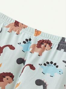 Cozy Pixies 2 piezas Pijama de niño pequeño con parte superior de manga larga y cuello redondo con estampado de dinosaurio de dibujos animados y pantalón largo - Verde - Ver 5
