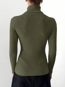 EURMUSE Women's Solid Color Simple Daily High Collar Long Sleeve Cardigan - Army Green - View 2