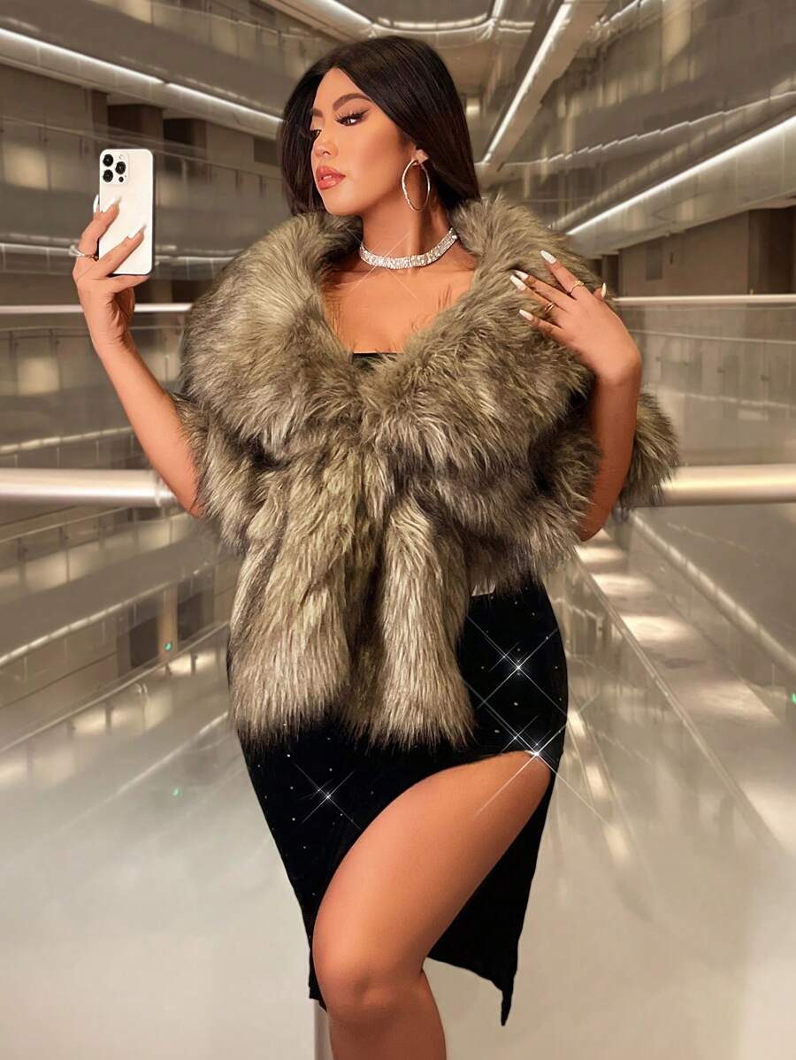 Franclia Plus Size Women Elegant Plush Fur Cape, Warm Fur Shawl Cloak - Brown - View 1