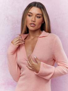 MISSGUIDED Knit Plunge Neck Collared Flared Long Sleeves Maxi Dress Winter Wear - Pink - View 3