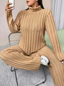 SHEIN Unity Plus Size Women's Solid Color Long Sleeve Casual Sweater And Knit Pants Set For Fall And Winter - Khaki - View 1