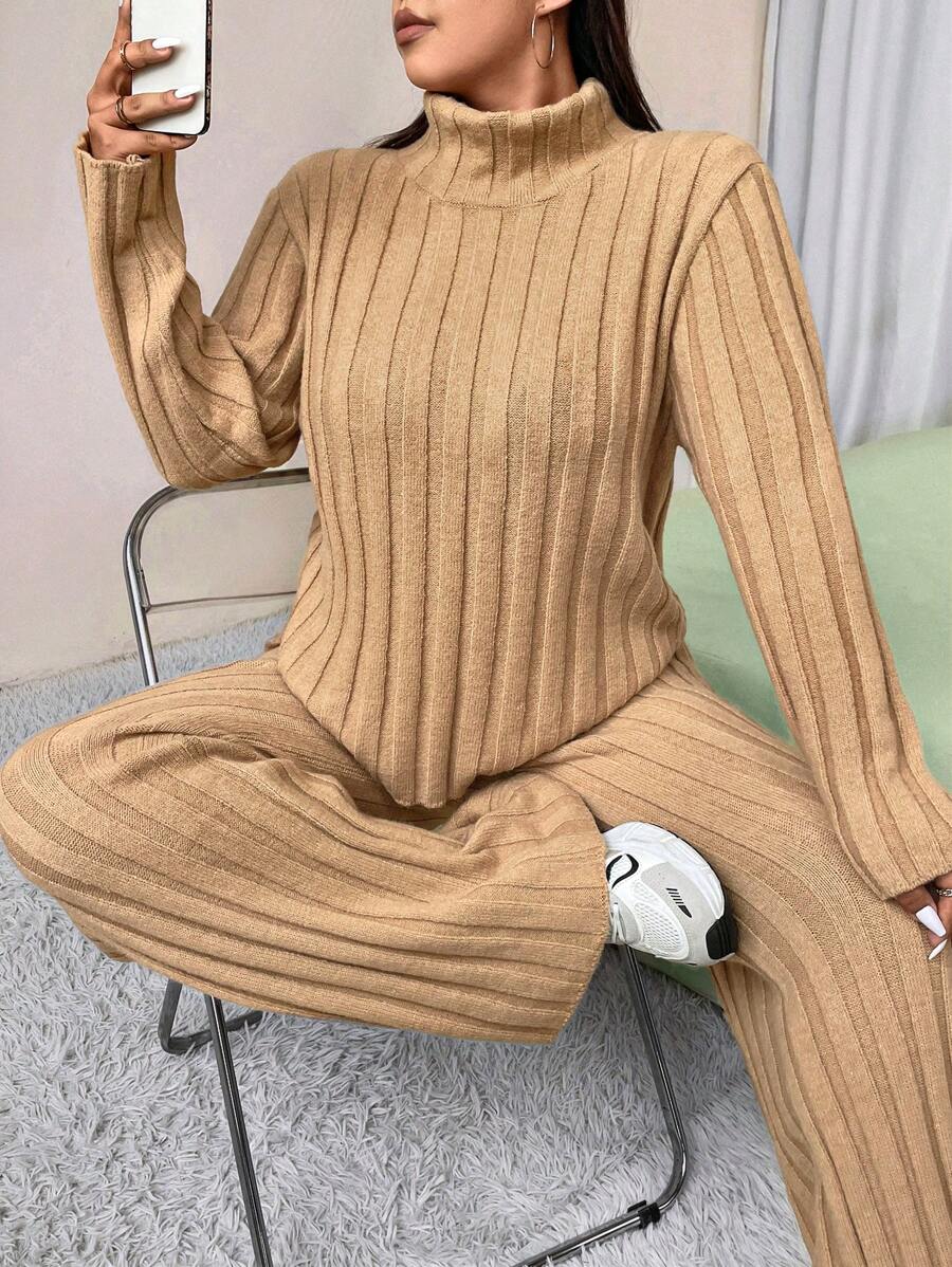 SHEIN Unity Plus Size Women's Solid Color Long Sleeve Casual Sweater And Knit Pants Set For Fall And Winter - Khaki - View 1