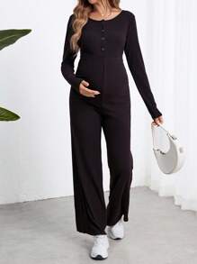 SHEIN Maternity Casual Work Wear Black Jumpsuit With Buttons, Spring Autumn - Black - View 3