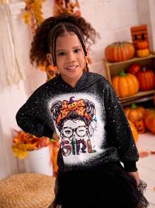 Young Girls Halloween Graphic Print Black Loose Pullover Sweatshirt - Black - View 6