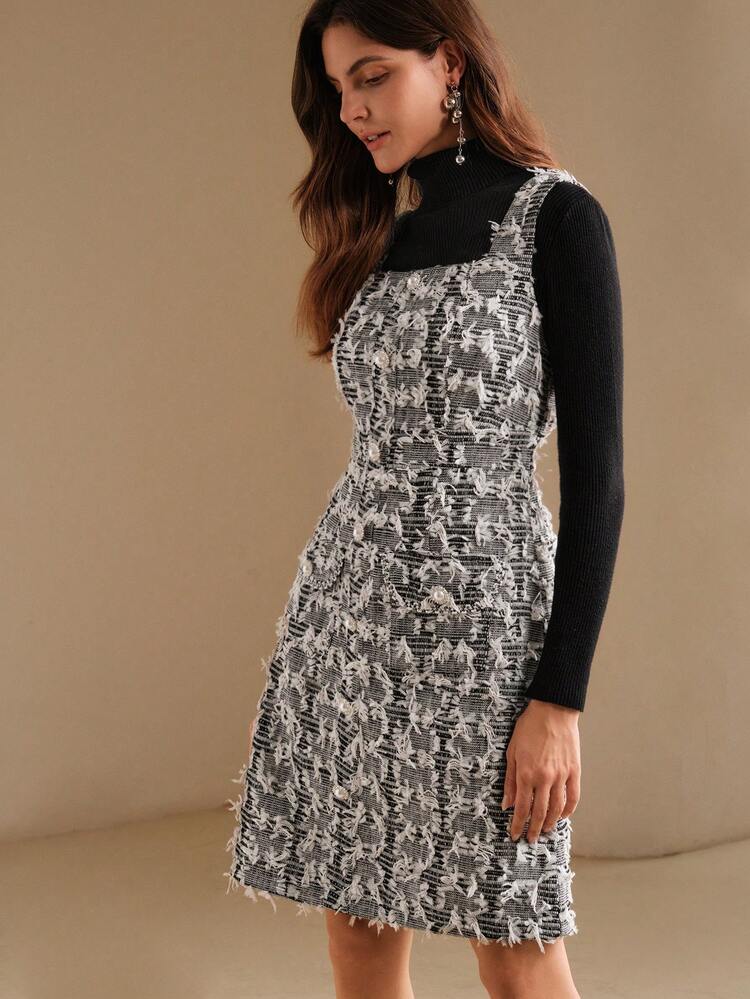 Elegant Fashion Waisted Tweed Jumper Dress