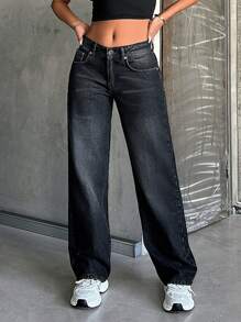 EURMUSE Jeans 100% algodão cintura baixa corte reto - Preto - Ver 7