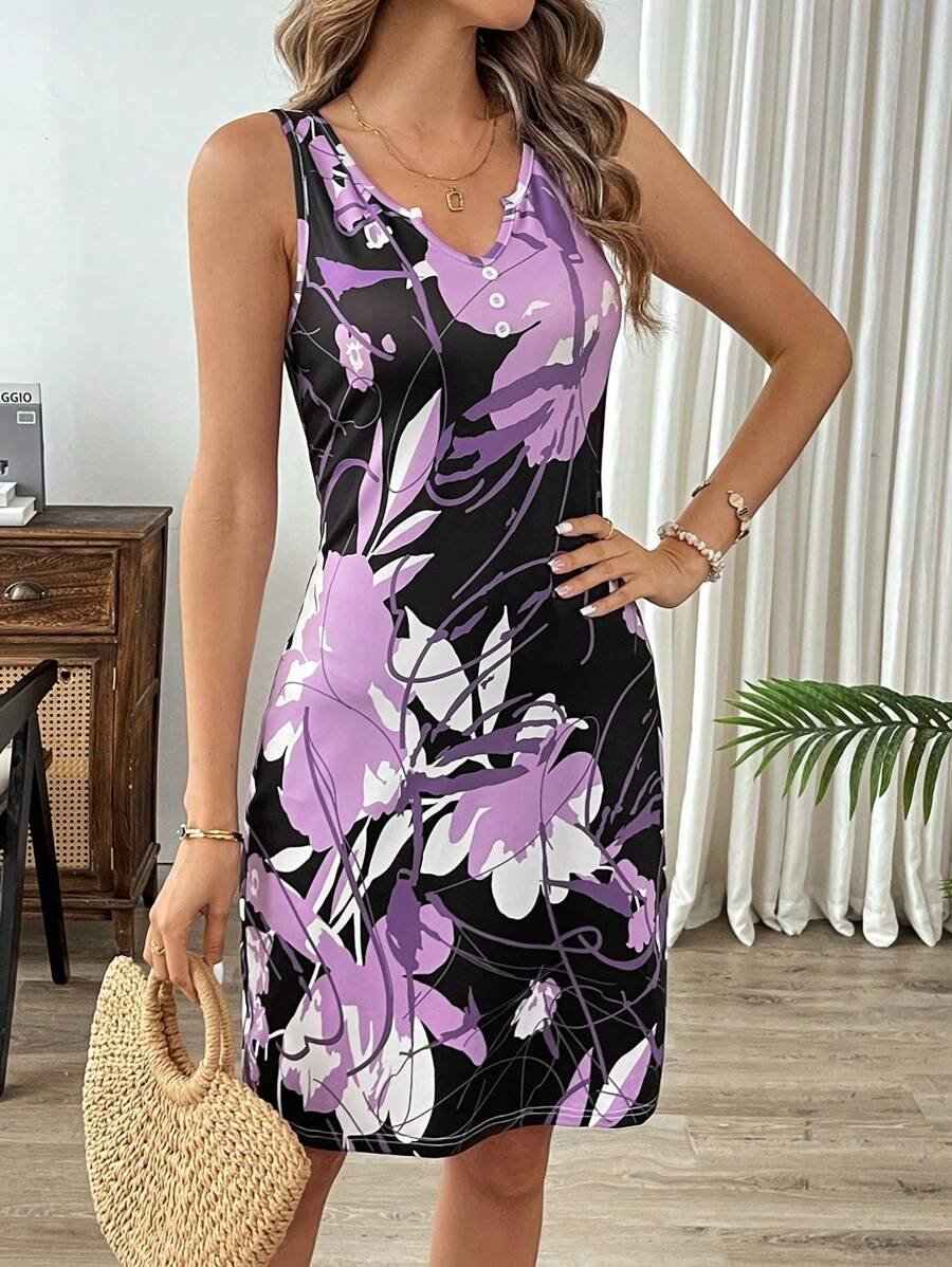 Breezaya Váy ngắn không tay in hoa thông thường mùa hè cho nữ - màu đen - Xem 1