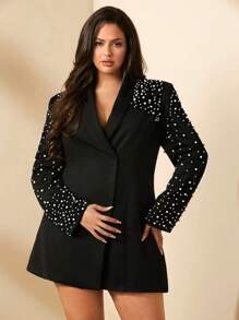 SHEIN BAE Plus Size Fall Black Embellished White Pearl Waist Suit Dress 
 Suitable For Elegant Parties And Commuting To Work - Black - View 1