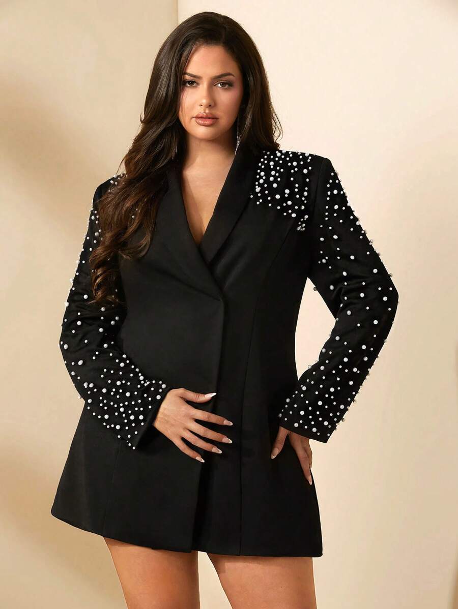 SHEIN BAE Plus Size Fall Black Embellished White Pearl Waist Suit Dress 
 Suitable For Elegant Parties And Commuting To Work - Black - View 1