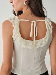 Enchnt Women's Solid Color Simplistic Everyday Lace Patchwork Tank Top
