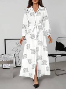 SHEIN Clasi Women's Elegant Letter Print Shirt Dress, Long Length - Black and White - View 5