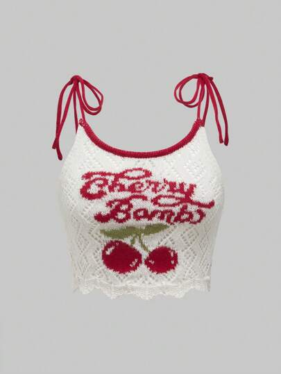 Kawaii Summer Casual Cherry & Letter Print Hollow Out Knit Camisole