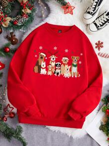 SHEIN EZwear 休闲简约圣诞帽小狗雪花印花图案红色圆领宽松厚实保暖内衬女士运动衫适合秋冬季圣诞节 - 紅色 - 查看 1