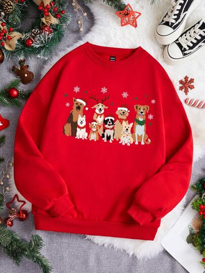 SHEIN EZwear 休闲简约圣诞帽小狗雪花印花图案红色圆领宽松厚实保暖内衬女士运动衫适合秋冬季圣诞节