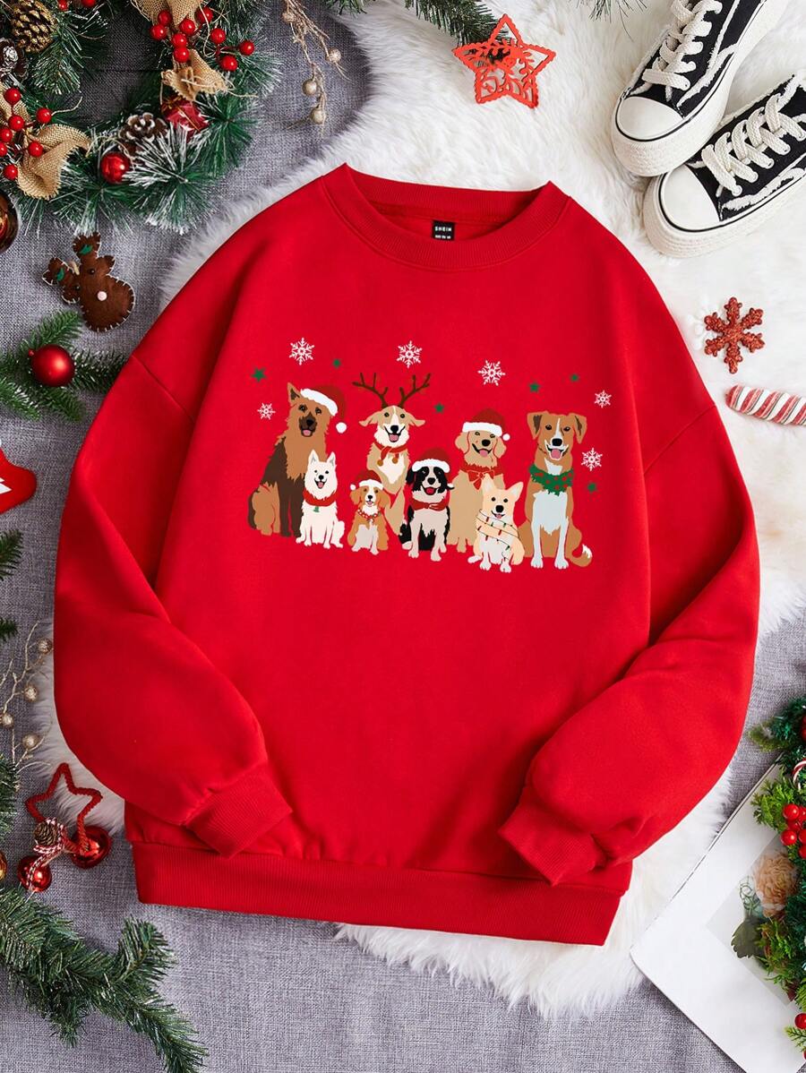 SHEIN EZwear 休闲简约圣诞帽小狗雪花印花图案红色圆领宽松厚实保暖内衬女士运动衫适合秋冬季圣诞节 - 紅色 - 查看 1