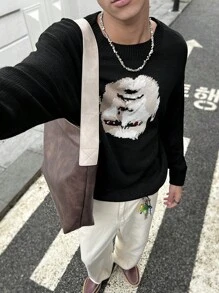 Manfinity Roghcode 男士面部印花圆领休闲长袖毛衣 - 黑色 - 查看 1