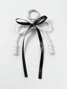 ROMWE Kawaii 2pcs/Set Gothic Style Black Lace Net + White Faux Pearl Bow Decor Keychain And Bag Charm Accessory Set, Fashionable Combo Fit For Sisters, Girlfriends And Friends, Ideal Gift Valentines