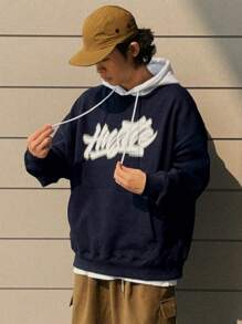 DAZY 男士休闲字母印花落肩长袖抽绳连帽衫，春秋季 - 藏蓝色 - 查看 5