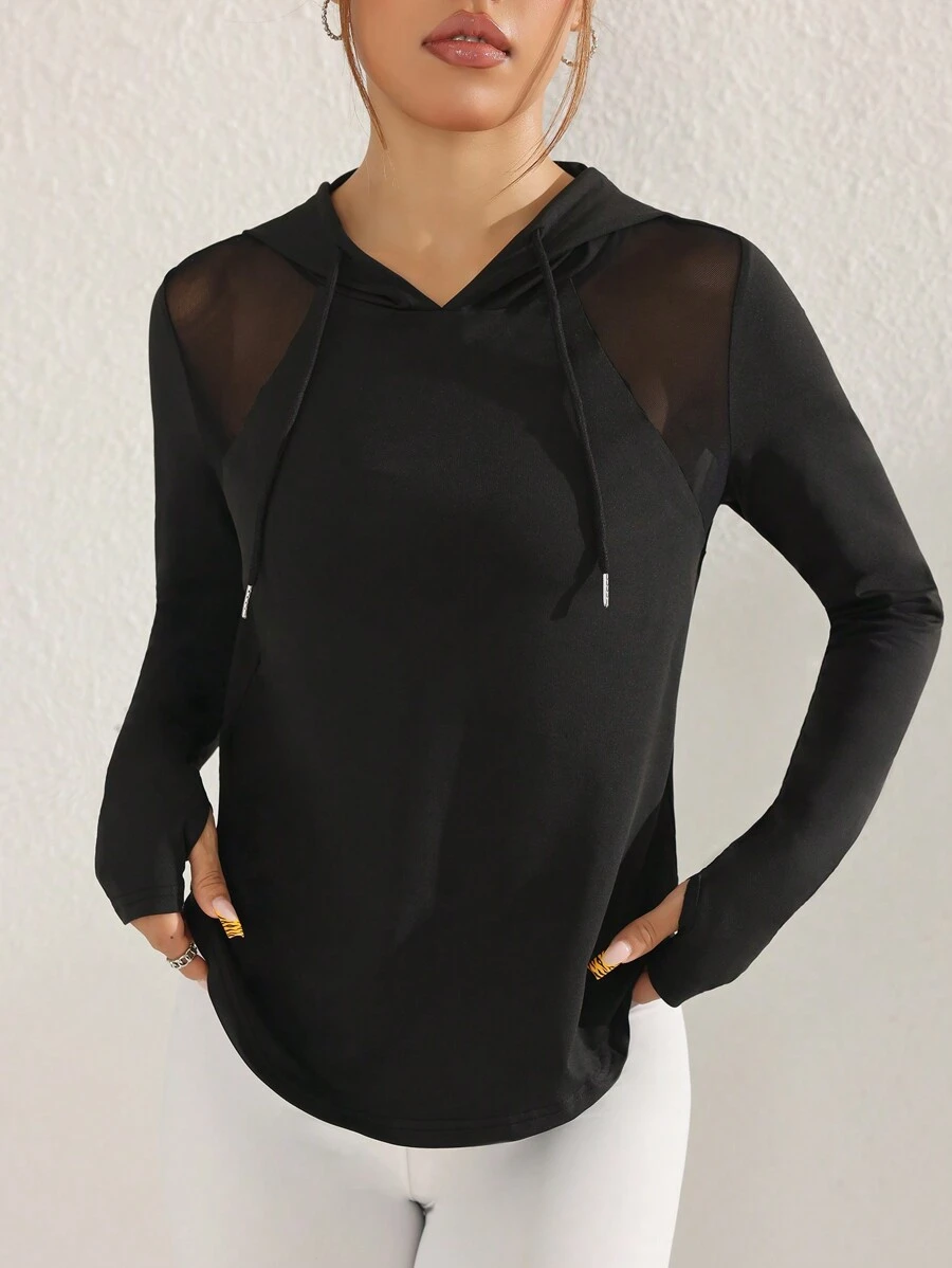 SHEIN With My Calm 网眼撞色长袖卫衣，休闲运动卫衣 - 黑色 - 查看 1