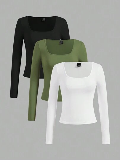 SHEIN EZwear 3 pièces Hauts courts et t-shirts ajustés à manches longues décontracté pour femmes, convient pour l'été et l'automne