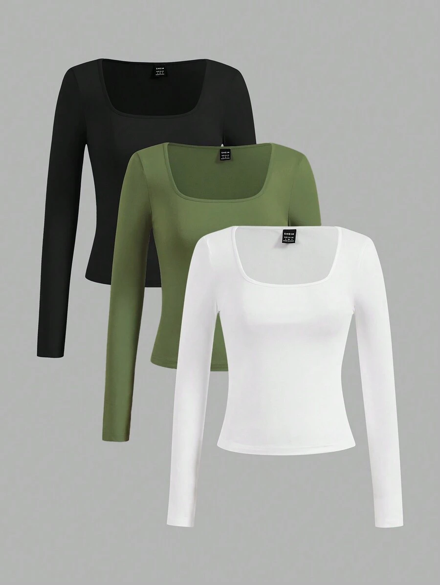 SHEIN EZwear 3 件套女士短款上衣和长袖休闲修身 T 恤，适合夏季和秋季 - 彩色 - 查看 1