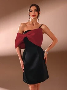 SHEIN Belle Burgundy Red Ladies Contrast Bow Decor Asymmetric Neck Elegant Cocktail Party Dress,Semi Formal Prom Gown For Wedding Guest,Birthday,Graduation&Dinner - Burgundy - View 4
