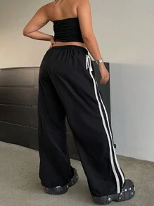 Flirla Quần Jogger cạp co giãn sọc cỡ lớn có đường xẻ bên hông và viền dây rút - màu đen - Xem 2