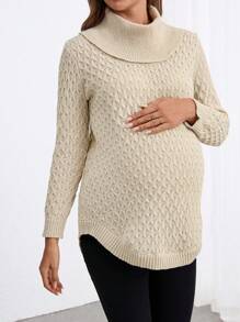 SHEIN Pregnant Women Turtleneck Long Sleeve Cable Knit Sweater, For Maternity, For Winter - Apricot - View 3