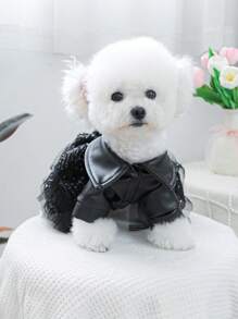 PETSIN 1pc Pet Black Sequin Patchwork Mini Skirt, Motorcycle Style Casual Dog Dress For Winter