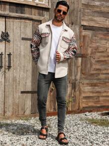 Manfinity Homme Men's Spring And Autumn Geometric Print Patch Pocket Casual Jacket - Multicolor - View 3