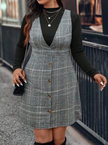 SHEIN Clasi 2 件大码休闲套装 - 长袖纯色连衣裙和 V 领无袖前纽扣上衣 女士粗花呢连衣裙 格子连衣裙 女士西装连衣裙 女士格子连衣裙 - 彩色 - 查看 7