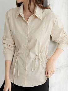 DAZY Women's Solid Color Simple Daily Long Sleeve Cinched Waist Blouse,Fall Clothes - Apricot - View 1
