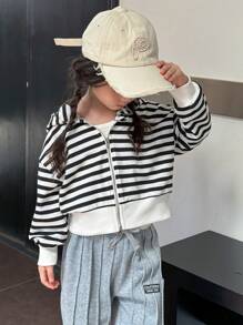 Young Girl Basics Knitted Striped Drop Shoulder Drawstring Zipper Loose Hoodie
,Great For Casual & Daily Wear & School Daily In Summer & Autumn - Black and White - View 4