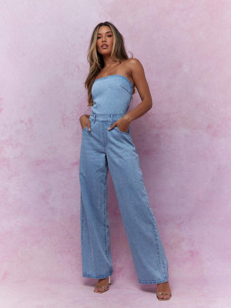 MISSGUIDED Washed Faded Bandeau Denim Jumpsuit - Light Wash - View 1