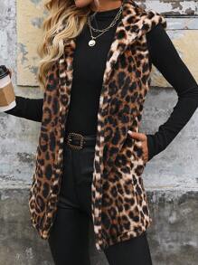 SHEIN Clasi 女式休闲拉链连帽豹纹蓬松背心夹克，秋冬 - 彩色 - 查看 3