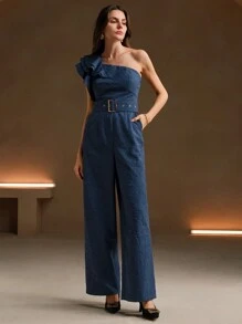 Anewsta Women's Solid Color Minimalist Casual Asymmetrical Neck Jumpsuit