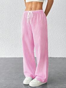 SHEIN PETITE Pantalones de lino de tiro bajo a rayas para mujer, vacaciones de verano - Rosa Fucsia - Ver 4