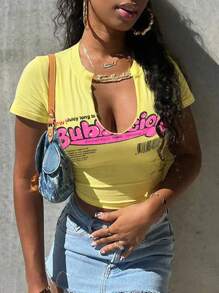 SHEIN Slayr 女士夏季修身V領短袖T恤，印有字母圖案