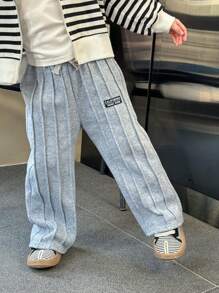 1pc Young Boys Casual Preppy Basic Gray Elastic Waist Pleated Textured Straight Leg Pants, Suitable For Commuting, School, Daily Casual, Fits Kids Outfits, Young Boy Clothes, Back To School, School Uniform, Suitable For Kindergarten, Birthday Party, Evening Party, Wedding, Christening, School Opening Ceremony, Daily Wear, Travel, Sports, Fall, Winter