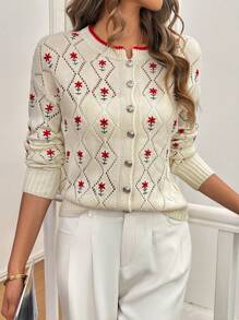 SHEIN LUNE 女士刺绣装饰休闲长袖开衫 - 杏色 - 查看 4