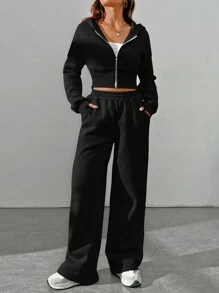 SHEIN EZwear Women's Spring Fashionable Black Zip Front Hoodie Sweatshirt And Pants Two Pieces Set - Black - View 6