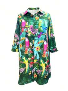 Camisa de manga larga y falda estampada con flores, pájaros y plantas, adecuada para vacaciones en la playa, ropa de mujer de talla grande