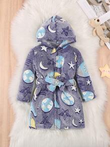 Young Boys Comfortable Warm Glow-In-The-Dark Space & Stars Pattern Plush Robe - Blue - View 7